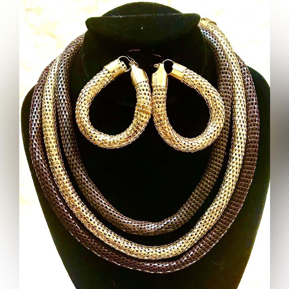 Brown and Gold triple-strand Metal Mesh Necklace and Earrings